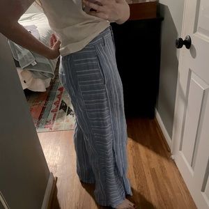 Linen striped wide leg pant with slits at bottom
